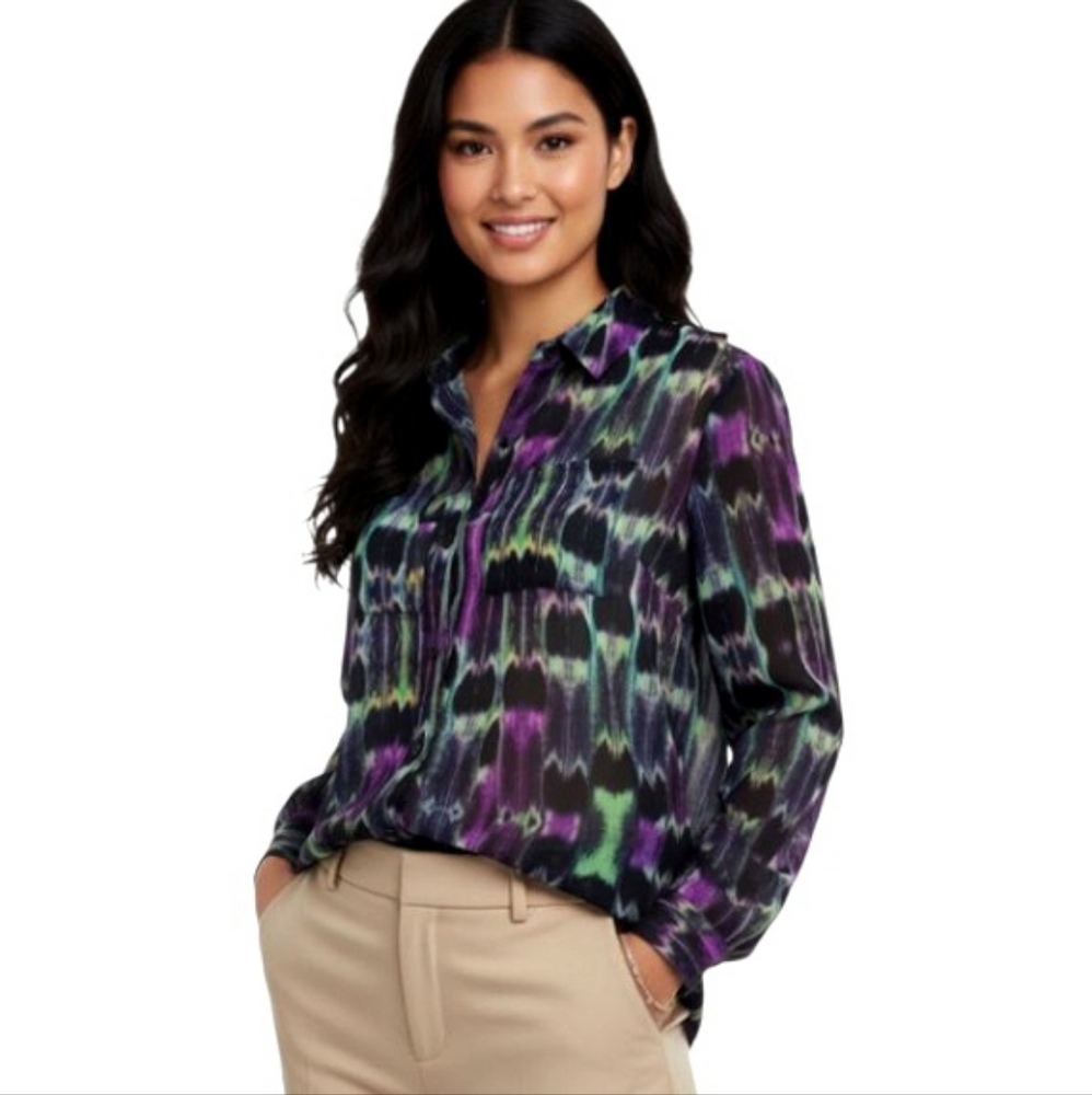 Nanette Lepore Black Neon Retro Button Down Top Cutout Back Long Sleeve Sz Small